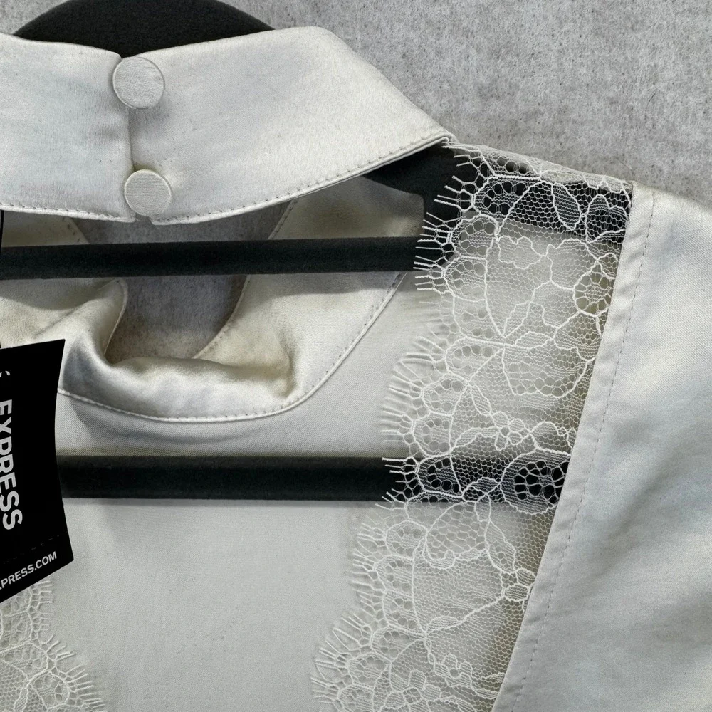 Express Womens Medium Champagne Satin Lace Trim Deep V Back Sleeveless Blouse - Picture 5 of 5